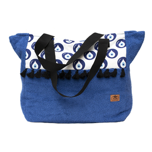 Μπλε πετσετέ XL χειροποίητη τσάντα με μάτι - ύφασμα, μεγάλες, απαραίτητα καλοκαιρινά αξεσουάρ
