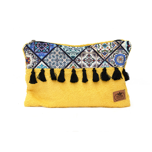 Κίτρινο πετσετέ τσαντάκι με boho pattern - ύφασμα, clutch, boho, τσαντάκια