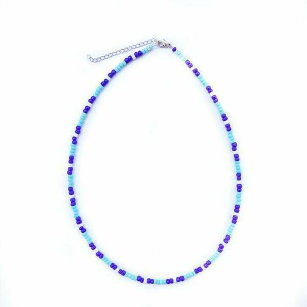 Κολιέ με seed beads σε γαλάζιο, μπλε και λευκό περλέ - τσόκερ, χάντρες, κοντά
