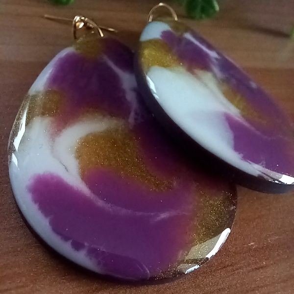 Σκουλαρίκια μεγάλα δάκρυ " purple abstract" από υγρό γυαλί. - γυαλί, δάκρυ, ατσάλι, κρεμαστά, μεγάλα - 4