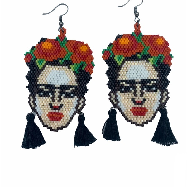Σκουλαρίκια Frida Kahlo XXL - με φούντες, miyuki delica, κρεμαστά, μεγάλα, frida kahlo