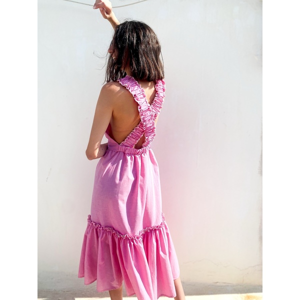 Ροζ φόρεμα - βαμβάκι, αμάνικο, midi, γάμου - βάπτισης - 2