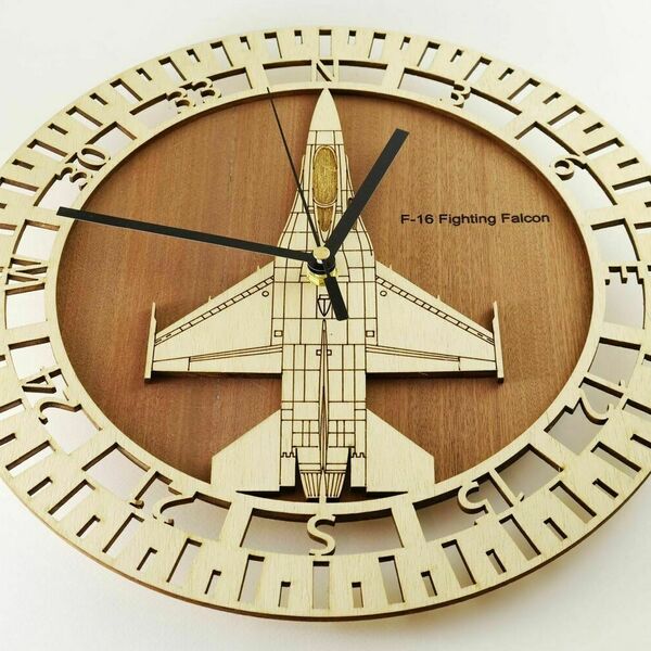 Ξύλινο ρολόι τοίχου - "F-16 fighting falcon" - ιδανικό δώρο για πιλότους - τοίχου - 4