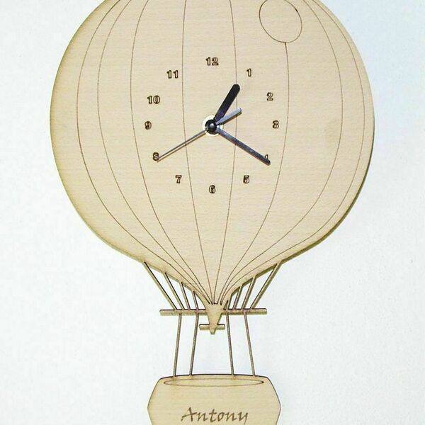 Χειροποίητο διακοσμητικό ρολόι τοίχου "Hot air Baloon" , για το παιδικό δωμάτιο - Χαράξτε το όνομα του παιδιού. - τοίχου