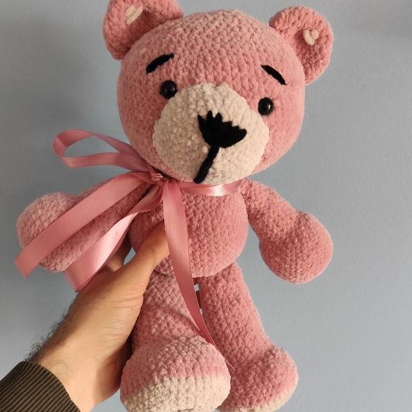 Χειροποίητος πλεκτός ροζ αρκούδος - λούτρινα, αρκουδάκι, amigurumi - 2