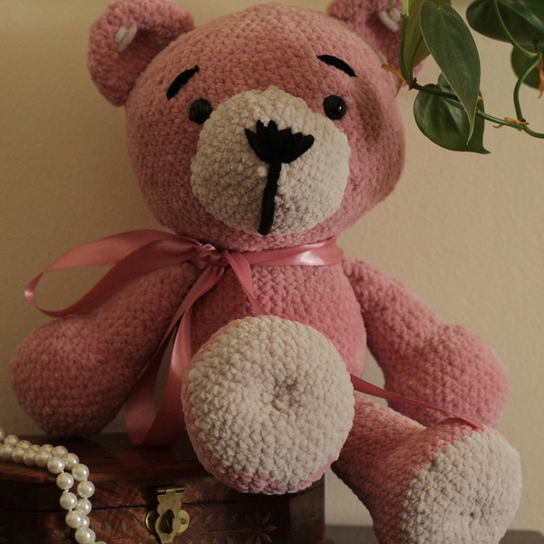 Χειροποίητος πλεκτός ροζ αρκούδος - λούτρινα, αρκουδάκι, amigurumi - 3