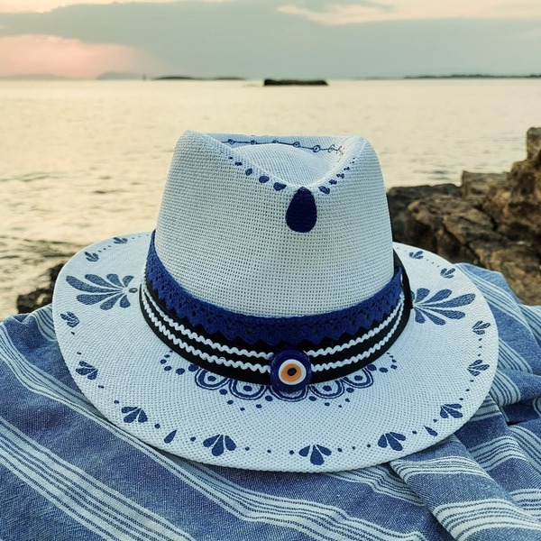 Custom / Handpainted καπέλο The Greek - απαραίτητα καλοκαιρινά αξεσουάρ, νυφικά, δώρα για γυναίκες, ψάθινα