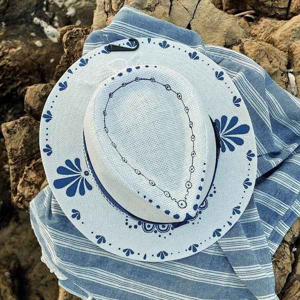 Custom / Handpainted καπέλο The Greek - απαραίτητα καλοκαιρινά αξεσουάρ, νυφικά, δώρα για γυναίκες, ψάθινα - 2