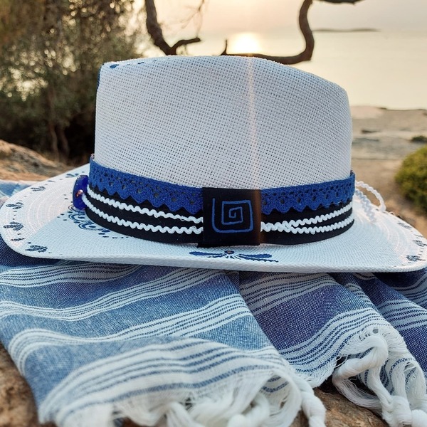 Custom / Handpainted καπέλο The Greek - απαραίτητα καλοκαιρινά αξεσουάρ, νυφικά, δώρα για γυναίκες, ψάθινα - 3