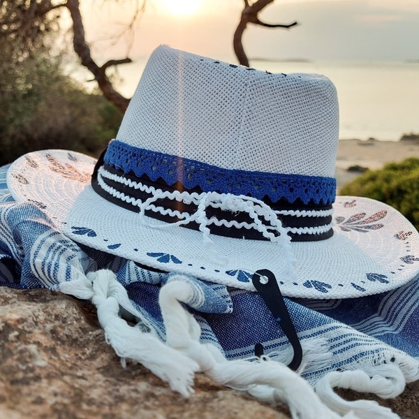 Custom / Handpainted καπέλο The Greek - απαραίτητα καλοκαιρινά αξεσουάρ, νυφικά, δώρα για γυναίκες, ψάθινα - 4