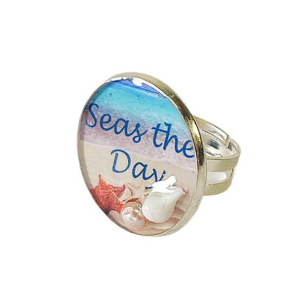 Δαχτυλίδι με κοχύλι και μαργαριτάρι "Seas the day" - γυαλί, μαργαριτάρι, χειροποίητα, απαραίτητα καλοκαιρινά αξεσουάρ, αυξομειούμενα - 4