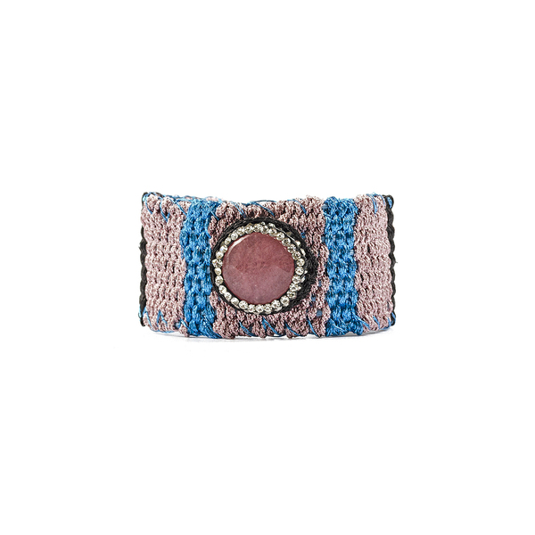 ATHINA MAILI - Φαρδύ υφαντό βραχιόλι με ροζ αχάτη κεντημένο στο χέρι με ημιπολύτιμες πέτρες - δέρμα, ημιπολύτιμες πέτρες, υφαντά, boho, χεριού, αυξομειούμενα, φαρδιά