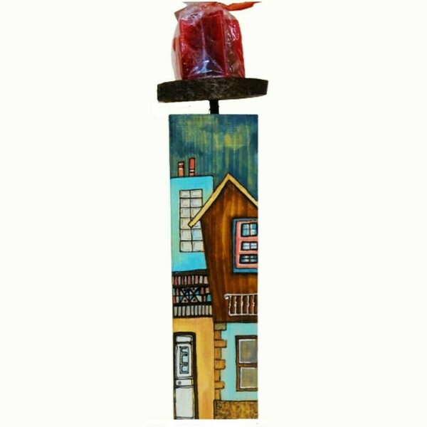 Κηροστάτης- ξύλινο ζωγραφισμένο κηροπήγιο για διακόσμηση τραπεζιού - ρεσώ & κηροπήγια, διακόσμηση σαλονιού, επιτραπέζιο διακοσμητικό - 2