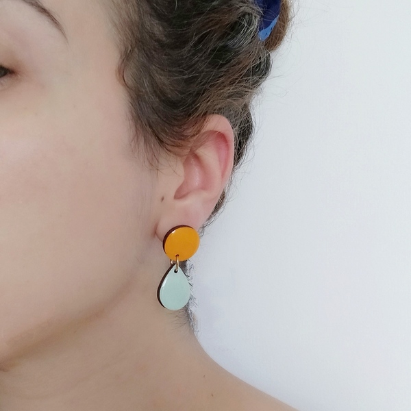 "Aelia" Handpainted wooden earrings /orange-mint - ξύλο, ζωγραφισμένα στο χέρι, δάκρυ, ατσάλι, κρεμαστά - 3