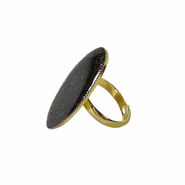 Δαχτυλίδι επίχρυσο οβάλ με μαύρο γκλίτερ - γυαλί, μεγάλα, αυξομειούμενα, φθηνά - 3