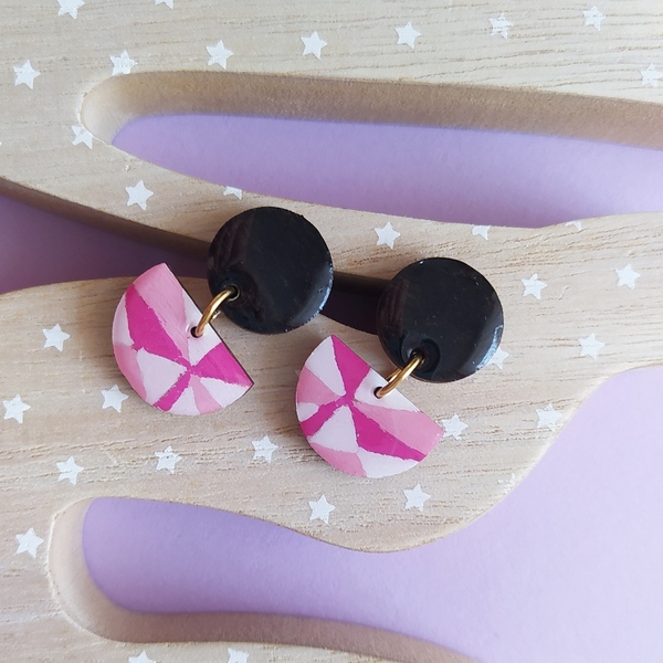 "Miso" Handpainted earrings / pink - ξύλο, ζωγραφισμένα στο χέρι, δώρο, ατσάλι, κρεμαστά - 2