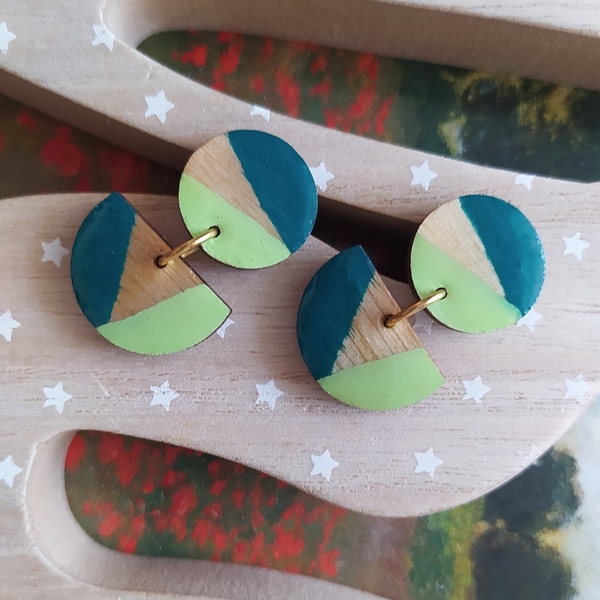 "Ivy" Handpainted earrings / Green - ξύλο, ζωγραφισμένα στο χέρι, δώρο, ατσάλι, κρεμαστά - 2