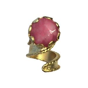 Μπρούντζινο επίχρυσο φιδωτό δαχτυλίδι με ροζ αχάτη - ημιπολύτιμες πέτρες, επιχρυσωμένα, μπρούντζος, μεγάλα, αυξομειούμενα