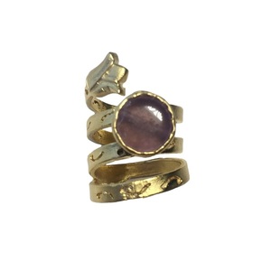 Μπρούντζινο επίχρυσο μακρύ φιδωτό δαχτυλίδι με αμέθυστο - μεγάλα, αυξομειούμενα, επιχρυσωμένα, μπρούντζος, ημιπολύτιμες πέτρες