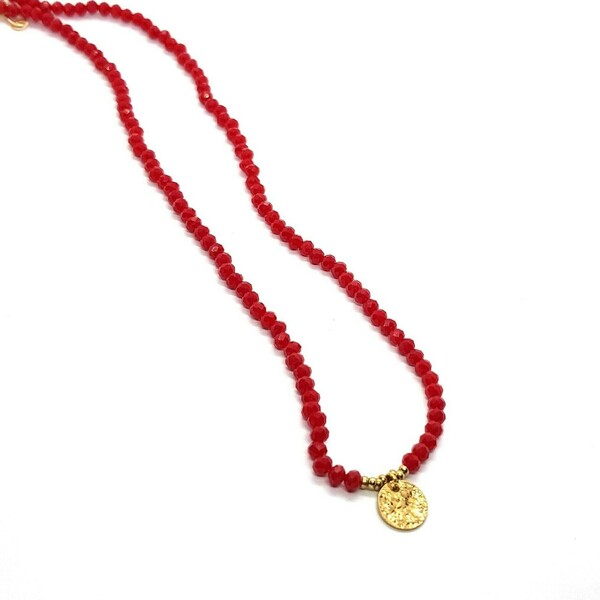 Κολιέ με κόκκινες χάντρες και στρογγυλό κρεμαστό στοιχείο - χάντρες, κοντά, seed beads, επιχρυσωμένο στοιχείο - 2