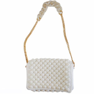 Λευκή τσάντα με bubbles και εντυπωσιακή αλυσίδα - νήμα, ώμου, πλεκτές τσάντες, βραδινές