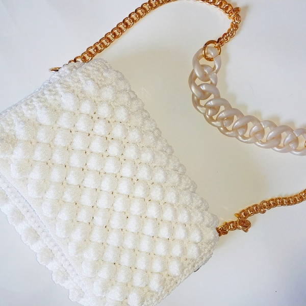 Λευκή τσάντα με bubbles και εντυπωσιακή αλυσίδα - νήμα, ώμου, πλεκτές τσάντες, βραδινές - 3