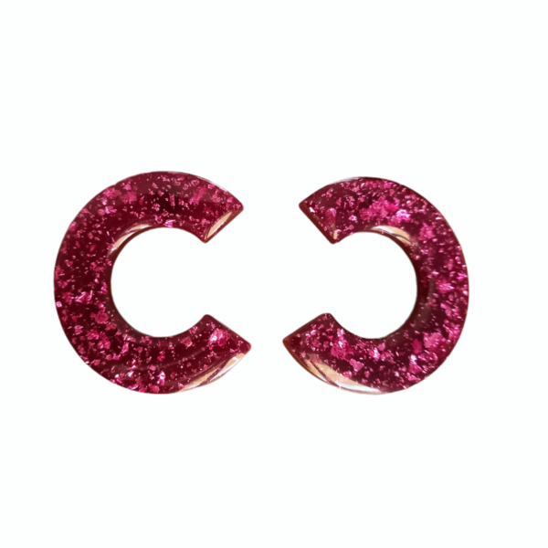 Σκουλαρίκια "C pink glitter" από υγρό γυαλί. - γυαλί, καρφωτά, ατσάλι, καρφάκι, φθηνά