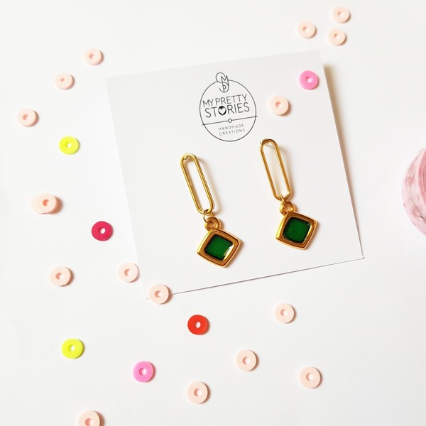 "Emerald Green Earrings" - Μίνιμαλ κρεμαστά σκουλαρίκια - minimal, μικρά, κρεμαστά - 3