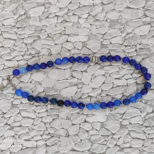 Κολιέ με ημιπολύτιμους λίθους σε μπλε ρουα αποχρωση - ημιπολύτιμες πέτρες, κοντά, ατσάλι - 4
