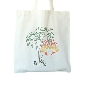 Τσάντα πάνινη tote bag από 100% βαμβακερό ύφασμα κεντημένη στο χέρι, σχέδιο "Palm trees" - ύφασμα, ώμου, tote, πάνινες τσάντες