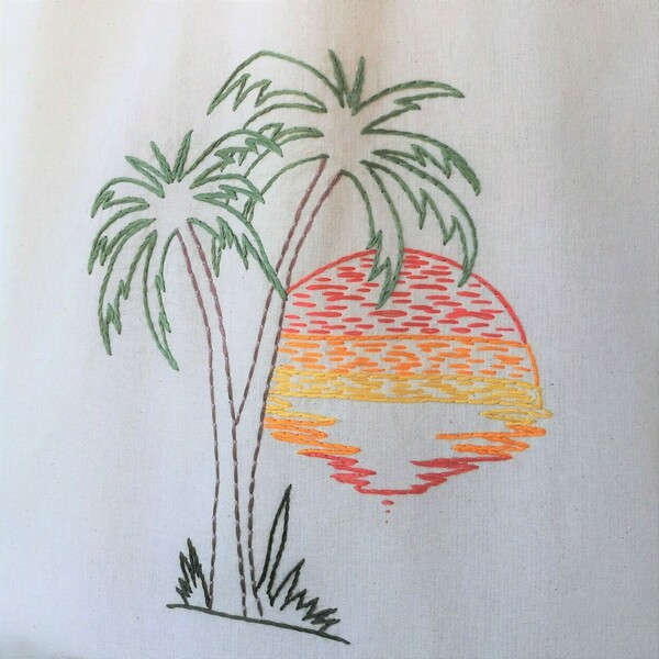 Τσάντα πάνινη tote bag από 100% βαμβακερό ύφασμα κεντημένη στο χέρι, σχέδιο "Palm trees" - ύφασμα, ώμου, tote, πάνινες τσάντες - 3