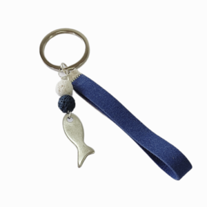 Μπρελόκ μπλε με μεταλλικό ψαράκι - ύφασμα, ψάρι, χειροποίητα, μεταλλικά στοιχεία, σπιτιού - 5