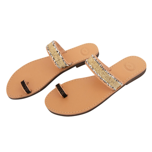 Σανδάλια "Golden" - δέρμα, boho, φλατ, slides - 2