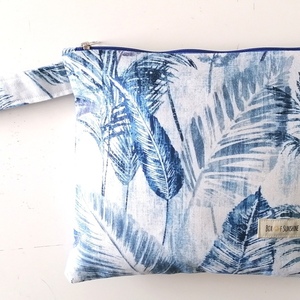 Τσαντάκι (νεσεσέρ) Blue exotic leaves - ύφασμα, all day, χειρός, πάνινες τσάντες, μικρές
