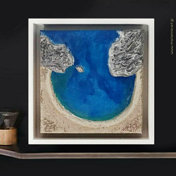 Επιτραπέζιο διακοσμητικό από ξύλο & καμβά, 24X24 CM "VOIDOKILIA" - πίνακες & κάδρα, θάλασσα, διακοσμητικά, επιτραπέζιο διακοσμητικό, πίνακες ζωγραφικής