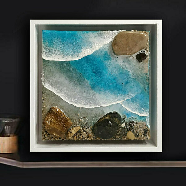Επιτραπέζιο διακοσμητικό από ξύλο & καμβά, 24X24 CM "LEFKOS" - πίνακες & κάδρα, θάλασσα, διακοσμητικά, επιτραπέζιο διακοσμητικό, πίνακες ζωγραφικής