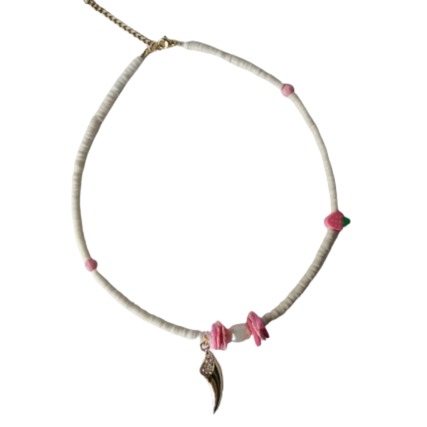 Κολιέ με λευκή ροδέλα, δόντι και μαργαριτάρι ροζ - ημιπολύτιμες πέτρες, κοντά