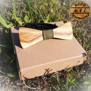 Ξύλινο παπιγιόν αντρικό, από φυσικό ξύλο ελιάς με χακί ύφασμα - ξύλο, ανδρικά - 3
