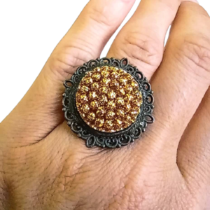 Δαχτυλίδι στρόγγυλο σε μπρούντζινη βάση με χρυσή κυψέλη - γυαλί, μπρούντζος, μεγάλα, αυξομειούμενα, φθηνά - 4
