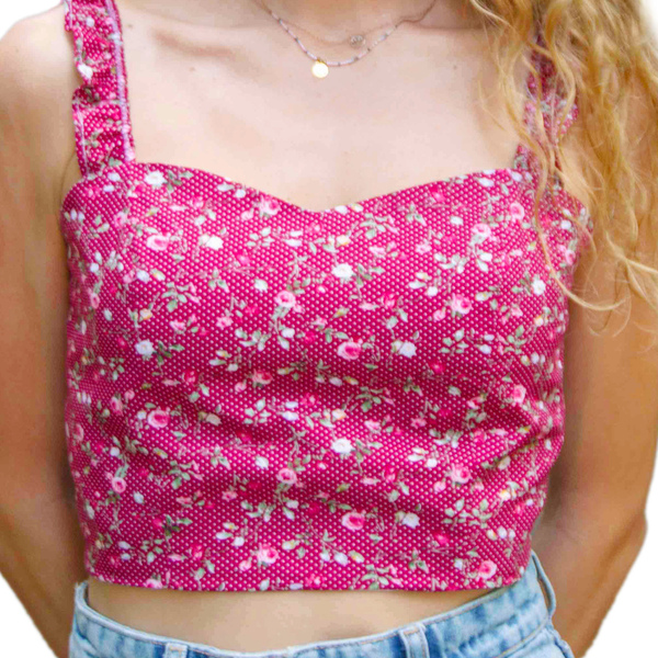 Crop top κόκκινο με λουλούδια - crop top, βαμβάκι - 3