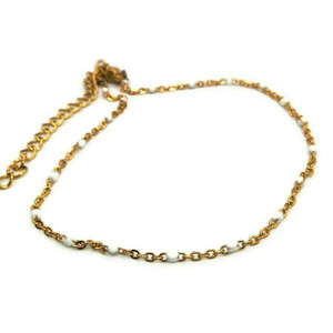 Ατσάλινο βραχιόλι ποδιού anklet με αλυσίδα ροζάριο ασημί και λευκό σμάλτο - αλυσίδες, σμάλτος, ατσάλι, ποδιού
