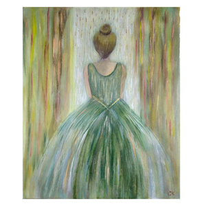 Πίνακας ζωγραφικής κορίτσι με όμορφο φόρεμα σε παράθυρο και χρωματιστό φόντο - πίνακες & κάδρα, πίνακες ζωγραφικής