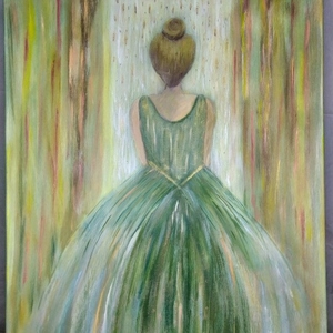 Πίνακας ζωγραφικής κορίτσι με όμορφο φόρεμα σε παράθυρο και χρωματιστό φόντο - πίνακες & κάδρα, πίνακες ζωγραφικής - 2