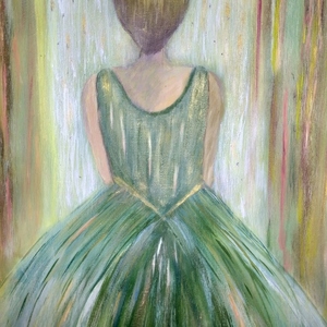 Πίνακας ζωγραφικής κορίτσι με όμορφο φόρεμα σε παράθυρο και χρωματιστό φόντο - πίνακες & κάδρα, πίνακες ζωγραφικής - 3