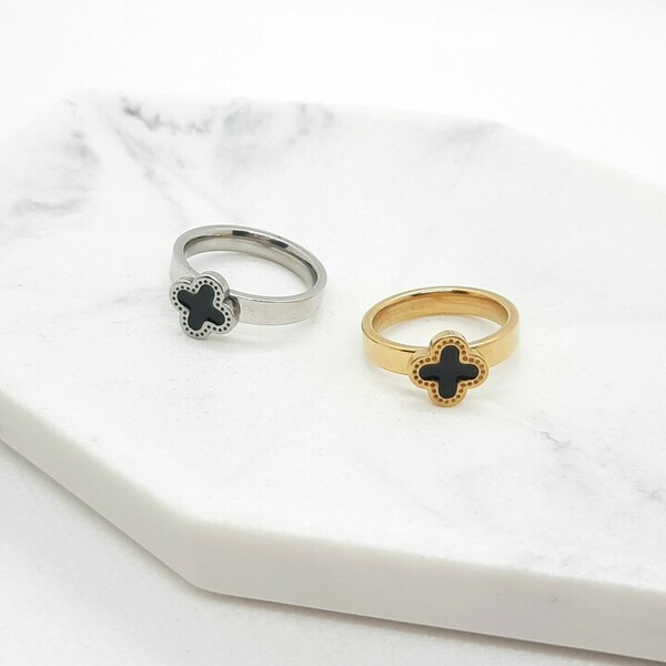 Ατσάλινο δαχτυλίδι με μαύρο σμάλτο σε χρυσό χρώμα - επιχρυσωμένα, ατσάλι, σταθερά - 2