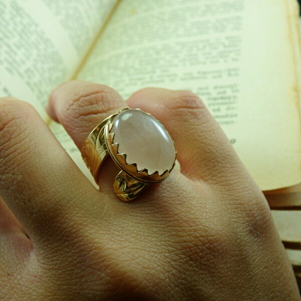 " Pink Vintage Quartz " - Χειροποίητο επίχρυσο δαχτυλίδι με Ροζ Χαλαζία. - ημιπολύτιμες πέτρες, επιχρυσωμένα, ορείχαλκος, αυξομειούμενα