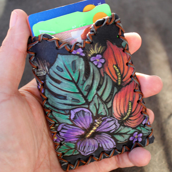 Δερμάτινο Πορτοφόλι για κάρτες Tropical / Floral ζωγραφισμένο και ραμμένο στο χέρι - δέρμα, ζωγραφισμένα στο χέρι, φλοράλ, δώρα για γυναίκες - 5