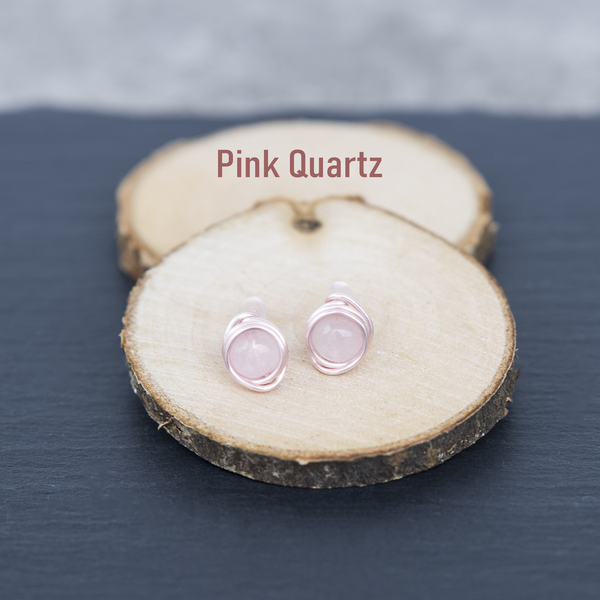 Μικρά σκουλαρίκια καρφωτά από ροζ χαλαζίας, επιχρυσωμένο χαλκό. - χαλκός, καρφωτά, καρφάκι - 3