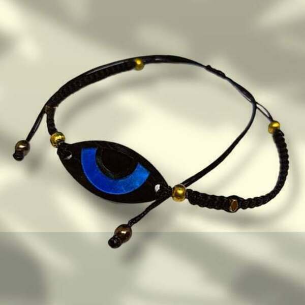 Βραχιόλι Μαύρο Μακραμέ με μάτι από Plexi και Αιματίτη - ημιπολύτιμες πέτρες, μακραμέ, μάτι, χεριού, αυξομειούμενα - 2