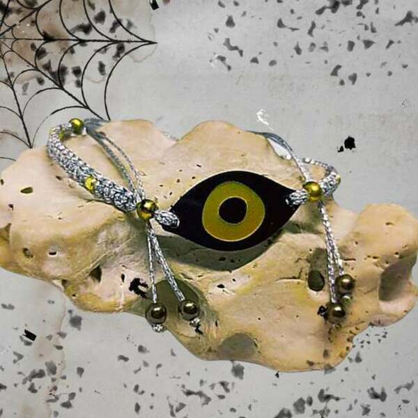 Βραχιόλι Ασημί Μακραμέ με μάτι από Plexi Ορείχαλκο και Αιματίτη - ορείχαλκος, μακραμέ, plexi glass, χεριού, αυξομειούμενα - 4